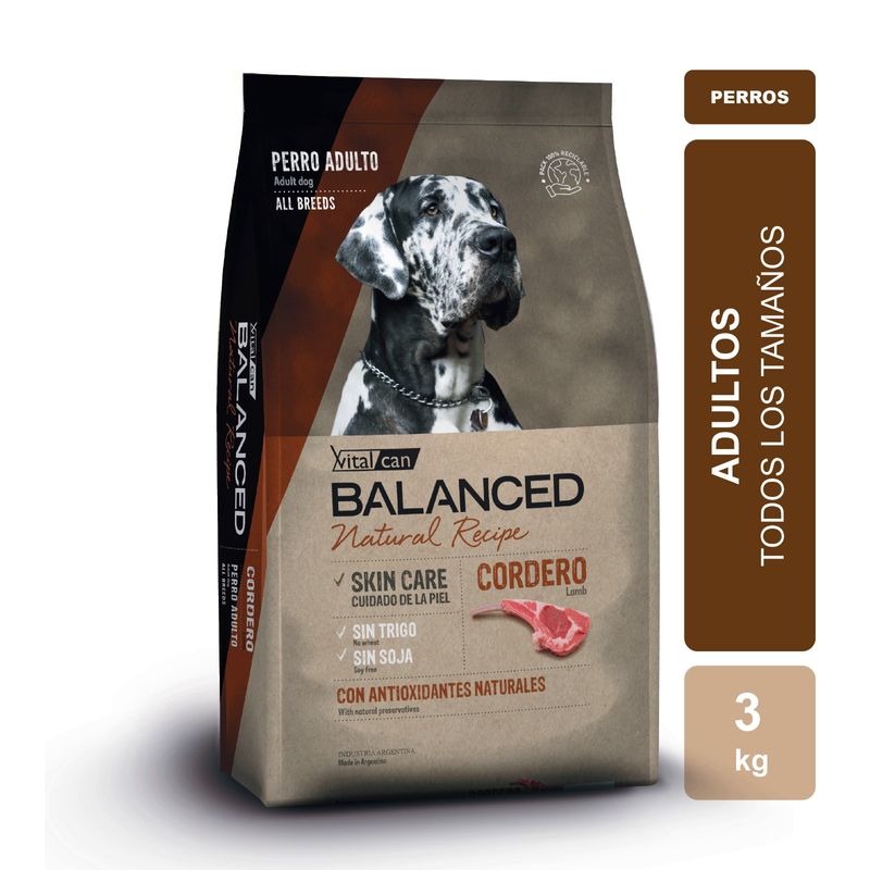 Alimento Vitalcan Balanced Natural Recipe Perro Adulto Con Cordero Todos Los Tamaños X 3kg 7408