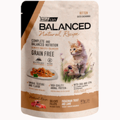 Alimento Húmedo Vitalcan Balanced Natural Recipe Gato Cachorro Delicados Filetes de Trucha y Cordero Pouch x 85gr.