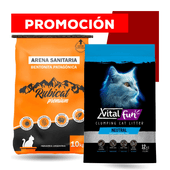 COMBO de 1 Bolsa de Arena Piedra Sanitaria Rubicat Premium x 10kg + 1 Bolsa de Piedra Arena Sanitaria Aglomerante Neutral Vital Fun x 12kg.